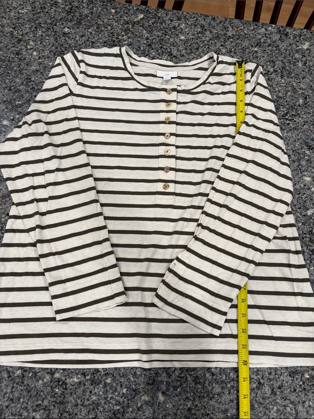 Striped Henley Button-Front Top in Cream and Olive Green